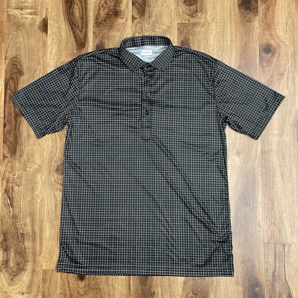 Collars and Co Polo Shirt Mens L Black Blue Check Dress Collar Tattersall